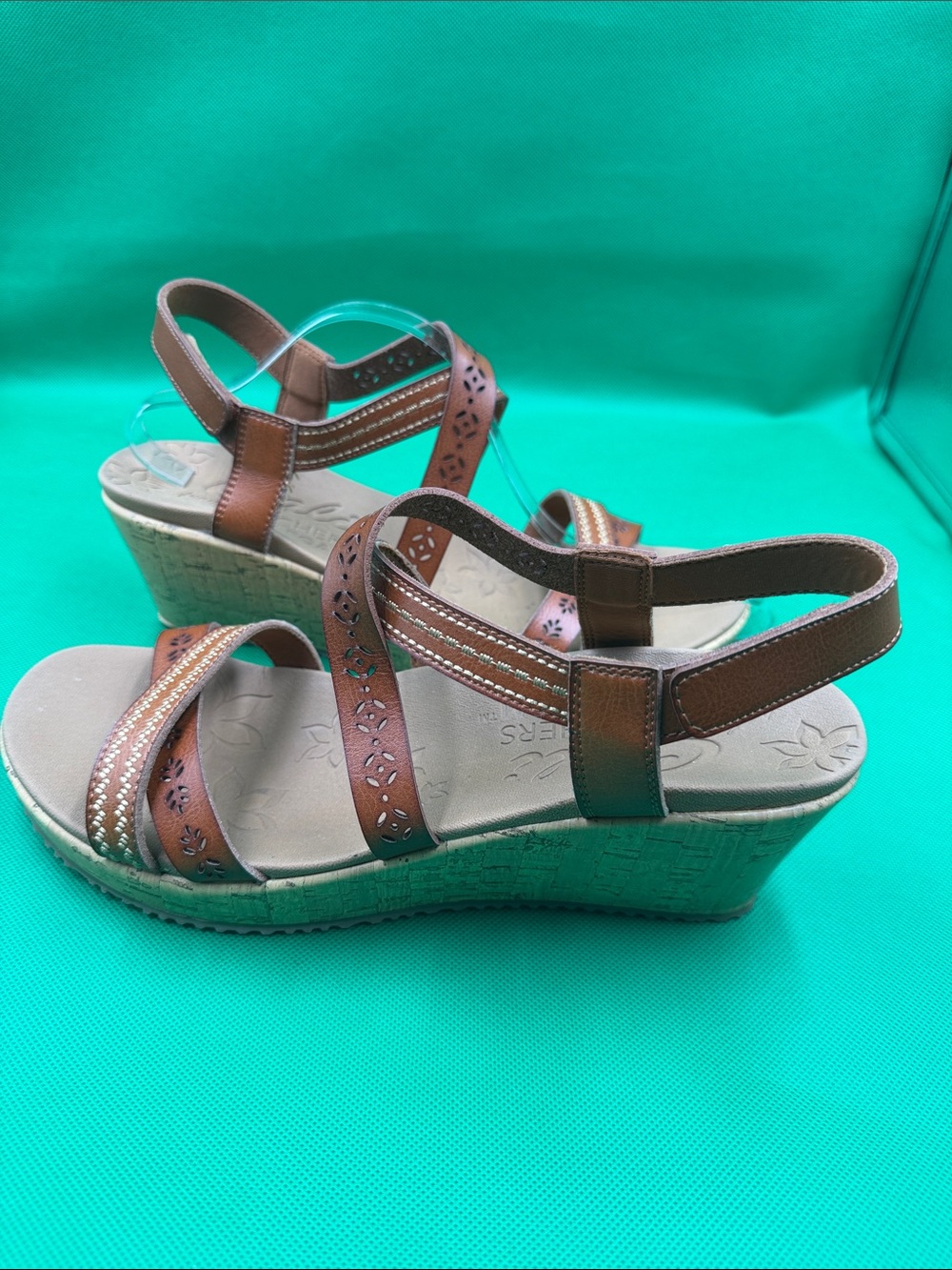Skechers Brown Leather-Look Wedge Sandals with Laser-Cut Straps